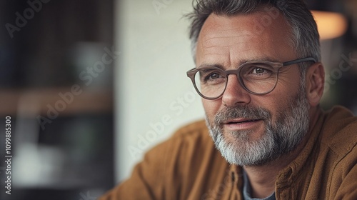 Close-up portrait of a man with glasses and a beard, engaged in conversation, with a warm and thoughtful expression in a relaxed, indoor setting. photo