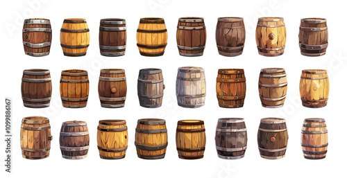 Cartoon wooden barrels. Oak old vessels, ancient timber storage containers for wine beer and whiskey, brewery and winery stuff isolated vector illustration on white background