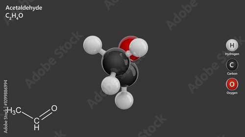 Acetaldehyde or Ethanal. Animated 3D model of a molecule. Molecular formula: C2H4O. Chemical model: Ball and sticks. Gray background. 3D rendering. Seamless loop. photo