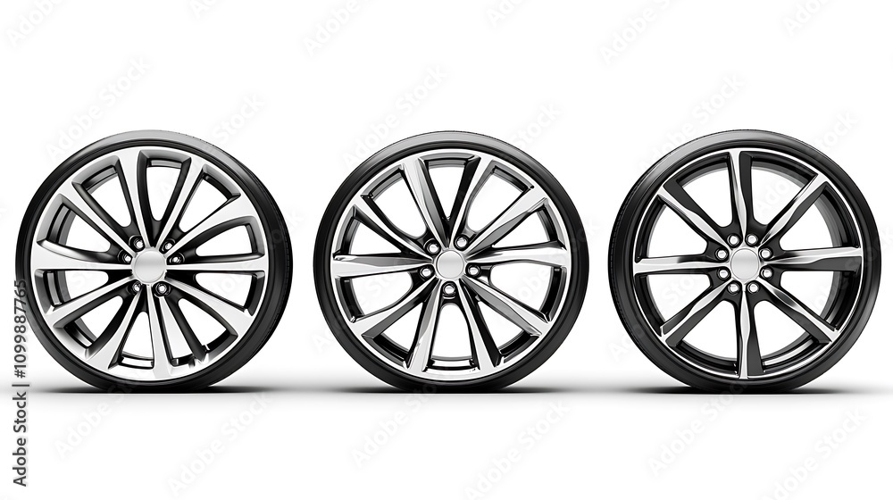 Fototapeta premium Three Stylish Alloy Wheels Displayed Against White Background