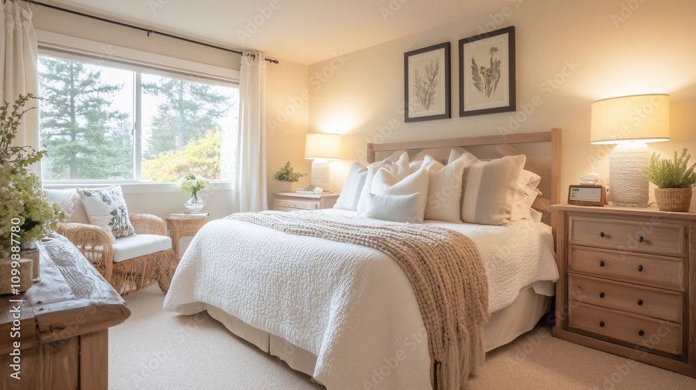 Fototapeta premium A serene bedroom with soft beige tones, plush bedding, and warm natural light for ultimate comfort and relaxation.
