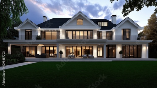 Wallpaper Mural A spacious modern residence features large windows and a well-kept lawn. The backyard shows comfortable seating for relaxation amid beautiful landscaping in daylight Torontodigital.ca