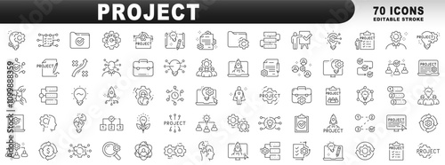 Big set of project management related line icons. Report, plan, startup, gear, lightbulb etc. Editable stroke