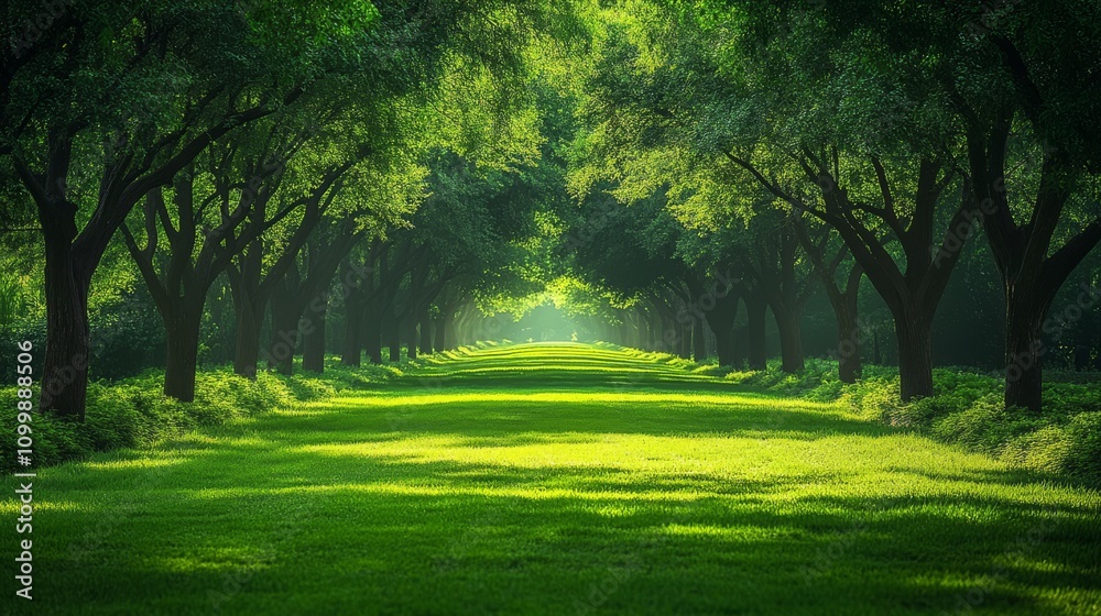 Naklejka premium Sunlit Green Path Through Lush Tree Lined Avenue