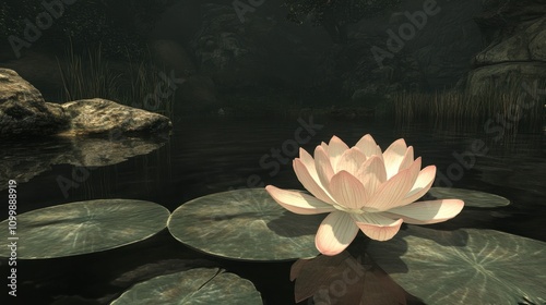 Serene Water Lily Blossom on Calm Reflective Pond Surface photo