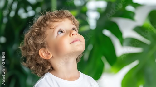 Wallpaper Mural A young boy with brown hair and a white shirt is looking up at something Torontodigital.ca