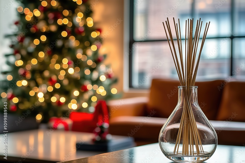 Fototapeta premium Cozy Living Room with Christmas Tree and Aroma Diffuser, creating a cozy and festive atmosphere.