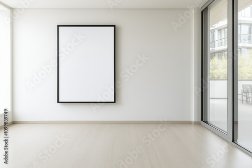 a billboard in a modern apartment with minimal decor and a large window, mockup with blank white space