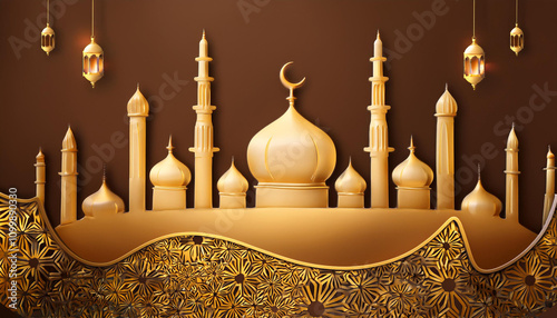 Eid Mubarak Muslim art greetings with golden mosque and brown backgrou