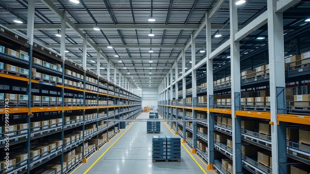 Fototapeta premium High-res drone imagery captures warehouse storage bins and trays. Efficient inventory management visualized.