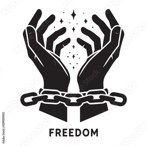 A pair of hands chained to a chain with the text words freedom. vector illustration.