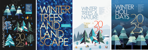 Winter trees and landscape. 2025. Vector abstract geometric triangle illustration of trees, snow, mountains, landscape, glitter pattern for greeting card, background or poster. Merry Christmas