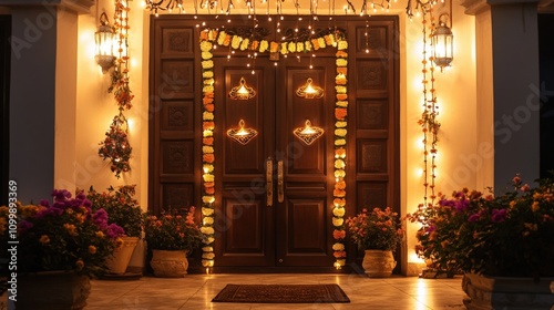 Festive Diwali Entrance Decorated With Lights And Flowers photo