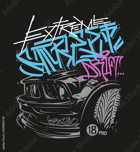 Extreme drift, illustration of race car, shirt print design