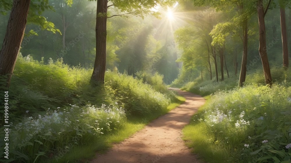 Obraz premium Peaceful natural forest scene with a path lined by tall green trees and people strolling through. 