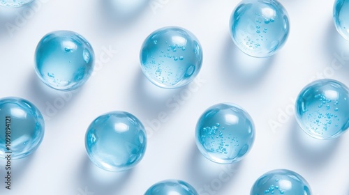 Translucent blue spheres with small bubbles inside, arranged in a pattern on a white background