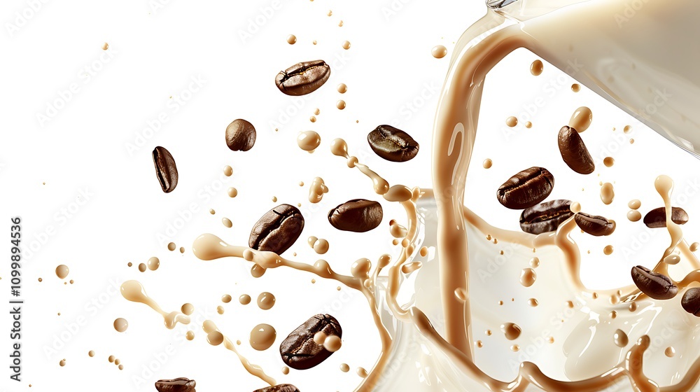 Obraz premium A dynamic splash of coffee and milk with coffee beans, showcasing a refreshing beverage moment.
