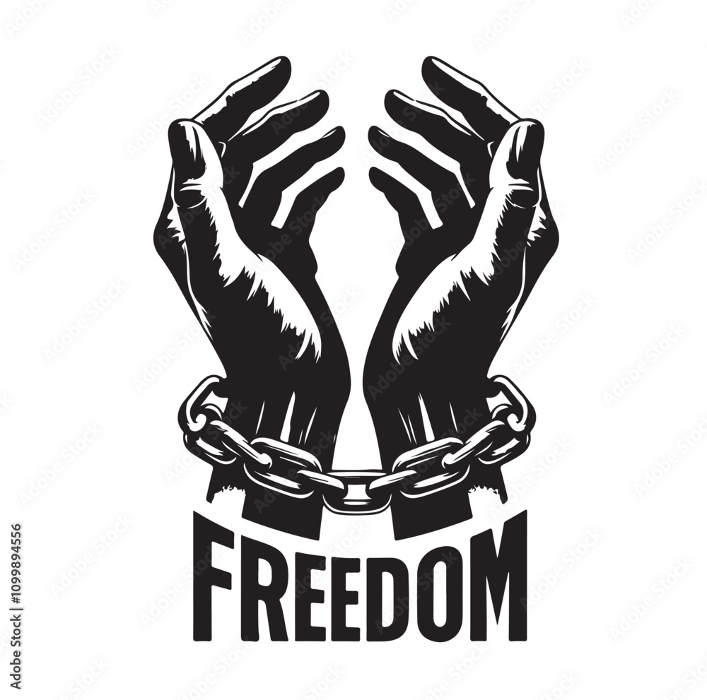 Obraz premium A pair of hands chained to a chain with the text words freedom. vector illustration.