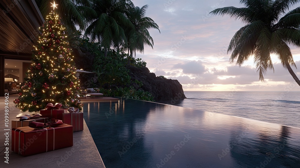 Fototapeta premium A beautifully decorated Christmas tree stands by a tranquil pool overlooking the ocean. Colorful gifts are arranged beneath the tree as the sun sets over the scenic coastline.