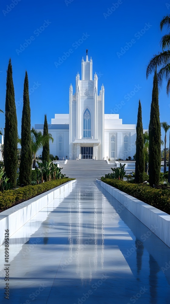 Naklejka premium White Mormon temple, clear blue sky, bright, daytime, white walls