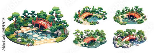 Isometry traditional japanese garden. Little pond with lily bridge trees stone and boulders, native asian landscape exterior nature designs, isolated vector illustrations on white background