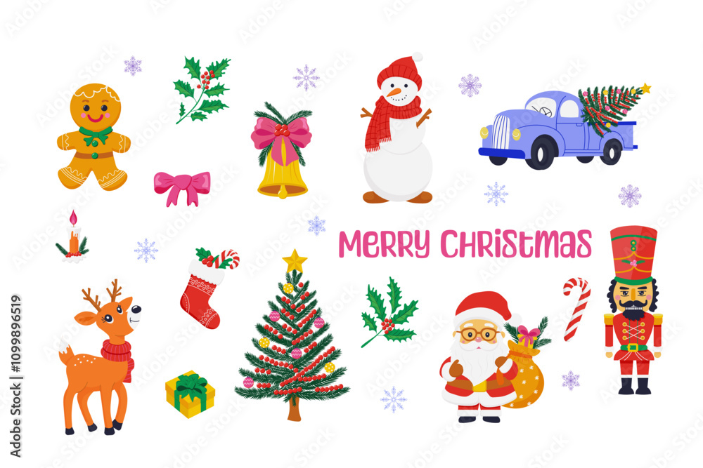 Fototapeta premium colorful Christmas elements like Santa, reindeer, snowman, tree, nutcracker, gingerbread man, decorations, gifts, and