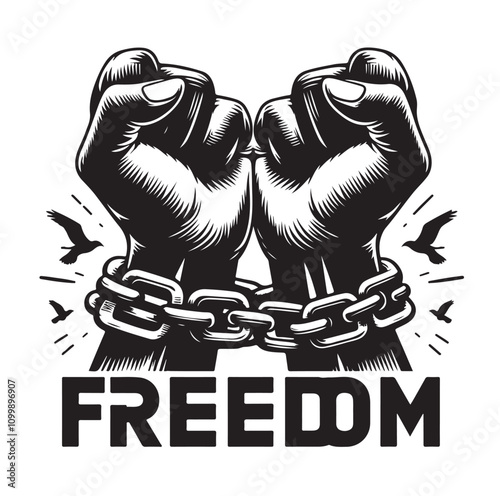 A pair of hands chained to a chain with the text words freedom. vector illustration.