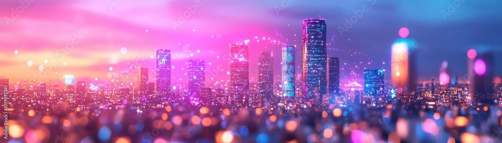 Fototapeta premium Global headquarters concept, holographic interface, ultra-modern skyscraper backdrop, advanced tech