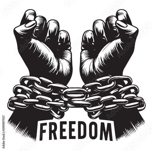 A pair of hands chained to a chain with the text words freedom. vector illustration.