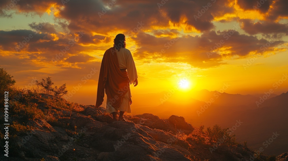 Obraz premium Silhouette of jesus delivering a powerful sermon illuminated by the setting sun on a mountain top
