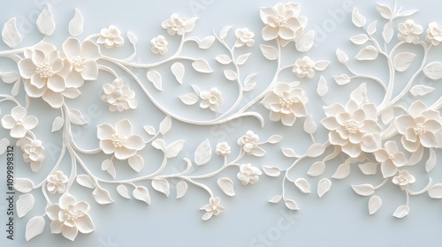 Vintage 3D floral wallpaper, a blend of ornate flowers and foliage with a soft antique color palette, detailed texture and delicate lighting effects