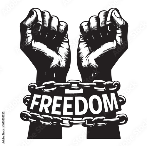A pair of hands chained to a chain with the text words freedom. vector illustration.