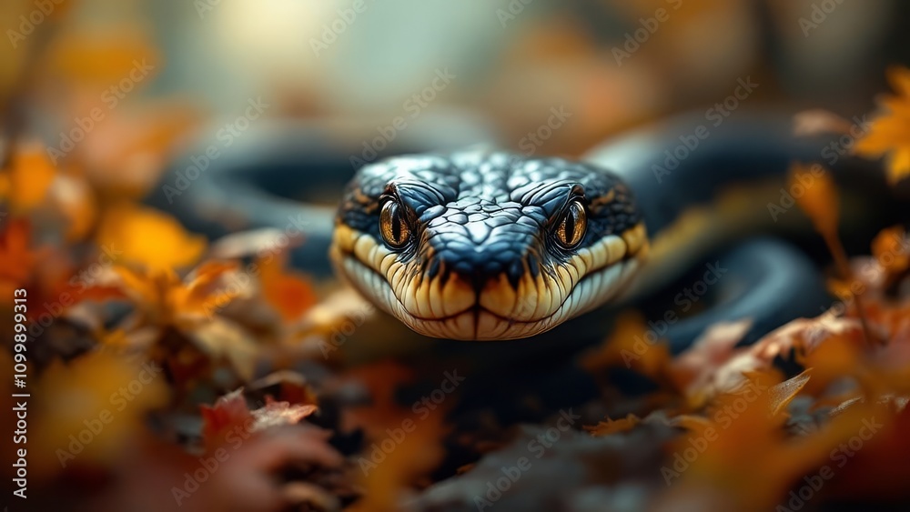 Aggressive garter snake, close-up, autumn forest encounter. Aggressive garter snake, close-up, autumn forest encounter.