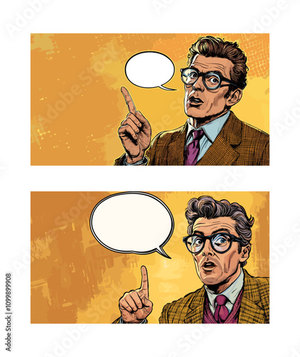 Pop art gentleman with speech bubble. Erudite glasses man in tweed jacket costume and finger up gesture comic style posters, paying attention vintage retro advertising banners vector illustration