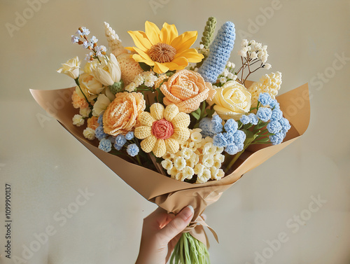 Valentine’s Day Inspired Beautiful Crochet Bouquet Featuring Sunflowers, Tulips, Gypsophila, and Roses in Yellow, Blue, and Green Colors, Wrapped with Brown Paper and Tied on One Side