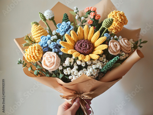 Valentine’s Day Inspired Beautiful Crochet Bouquet Featuring Sunflowers, Tulips, Gypsophila, and Roses in Yellow, Blue, and Green Colors, Wrapped with Brown Paper and Tied on One Side