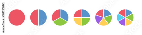 Colorful Pie chart or Circle division infographic icon set. Divided into 2,3,4,5,6 equal parts. Color pizza or donut round diagram. Infographic wheel segment and fraction.