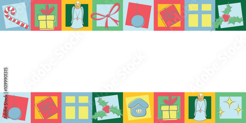 Vector background, frame, border of festive xmas holiday icons in flat style. Modern geometric Christmas mosaic, isolated. Horizontal top and bottom edging, bright decoration