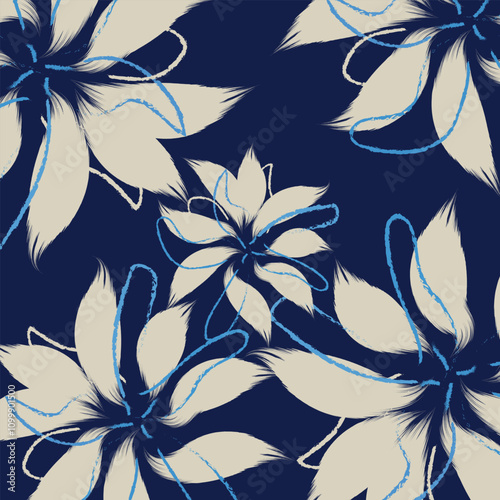 A Seamless blue Flowers texture vector for clothes pattern, dark blue textile art, Seamless abstract tropical pattern. Vector Illustration