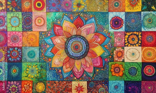 Colorful Abstract Mandala Flower with Radiant Petals in Shades of Pink, Orange,  Purpleand blue on a Dark Background, 