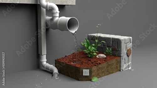 Rain garden drainage, 3D, low-light photography. photo