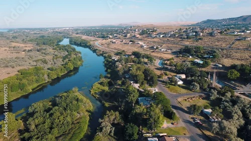 Aerial landscape of Yakima River Valley nature during summer in Kennewick Richland Washington