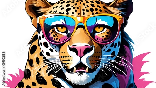 Portrait of a colorful cartoon leopard wearing sunglasses, boldly illustrated against a white background
 photo