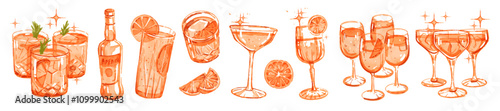 Aperol drink orange vector illustration, hand drawn watercolor tropical alcoholic cocktail set. Holiday summer refreshment beach bar citrus lemonade glass, bottle menu design. Aperol drink clipart