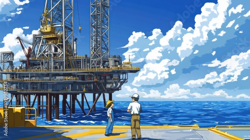 A vibrant illustration showcasing a father and son gazing at an offshore oil rig under a stunning blue sky filled with fluffy white clouds by the sea, capturing a moment of wonder and industry.