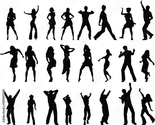 set of silhouettes dancing people vector