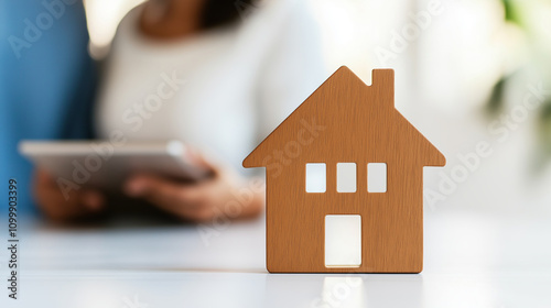 couple excitedly exploring property listings on tablet together photo