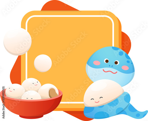 Template or banner for Chinese Lantern Festival, cute snake and glutinous rice balls mascot