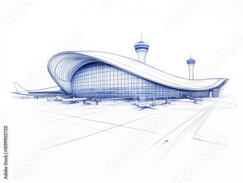 Architectural Model of Building, pencil sketch and blueprint of an airport terminal. 