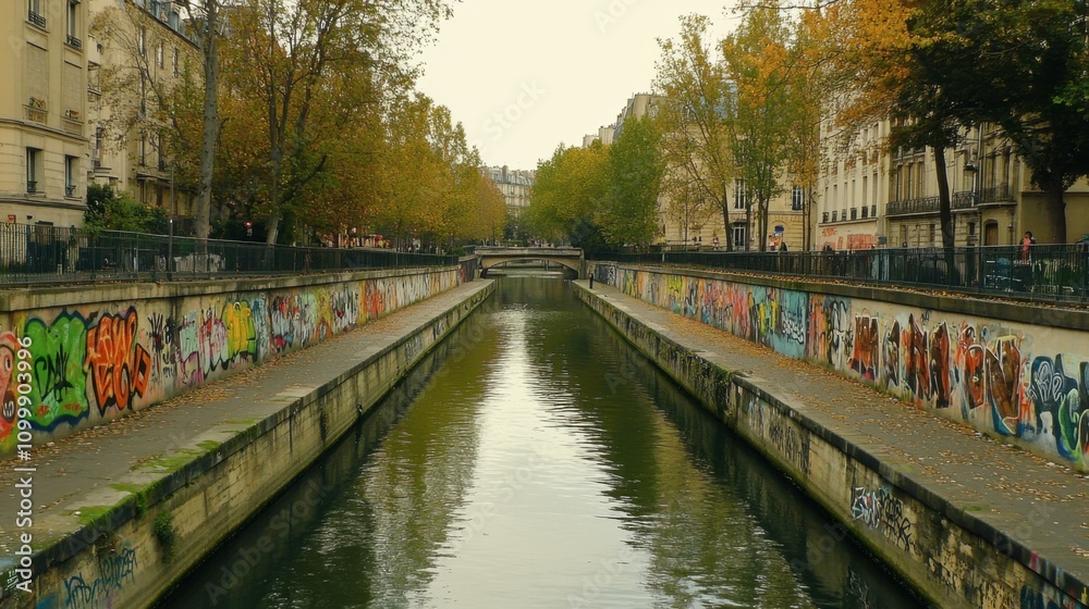 Fototapeta premium Serene Urban Canal Flanked by Vibrant Graffiti and Autumn Trees